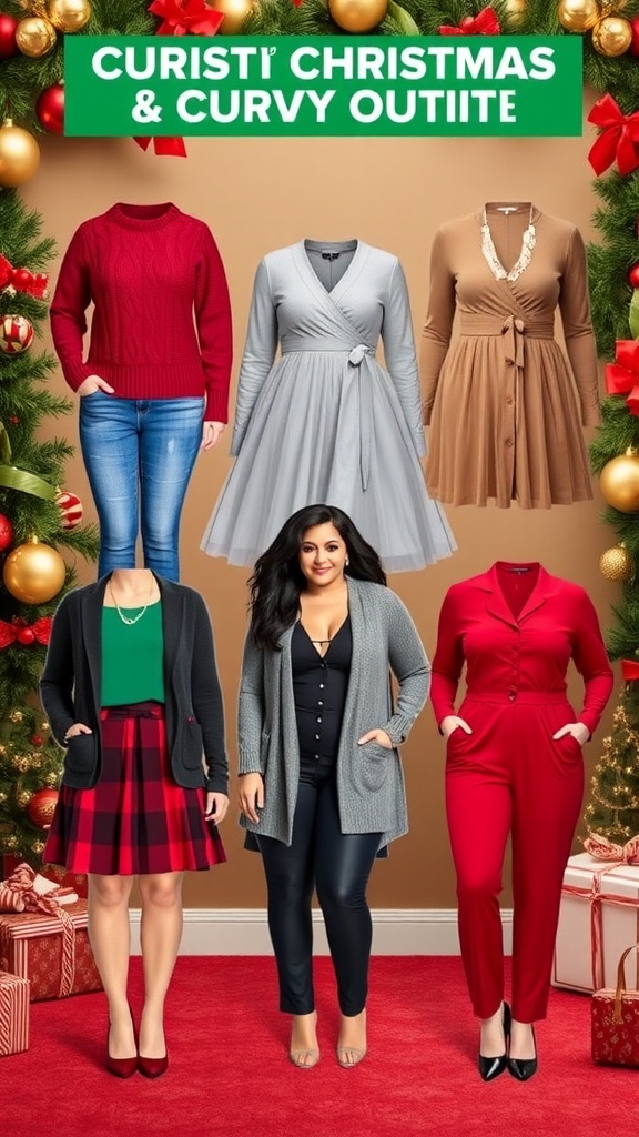 Stylish Christmas outfits for curvy figures displayed on a festive backdrop.
